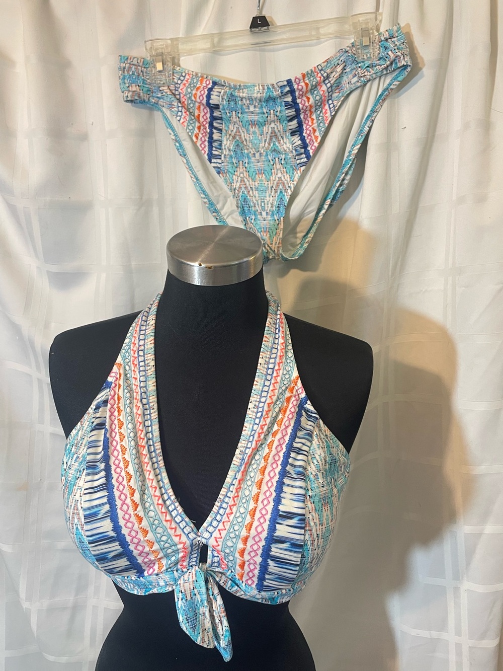 Striped Multicolor Halter Bikini Set - Blue & Coral Pattern XL top L bottoms